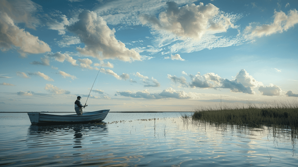 Fisherman in his boat on the florida coastal flats casting a line